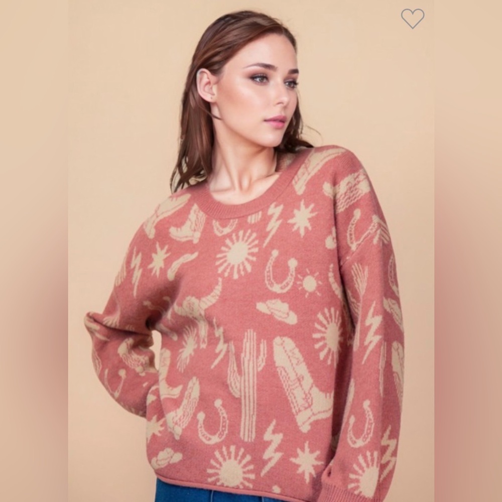 Nwt Western Graphic Oversized Knit Sweater Top - Picture 2 of 4
